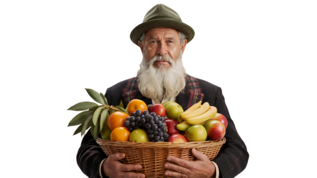 Senior man with long beard holding a basket of fresh colorful fruits food on transparent background