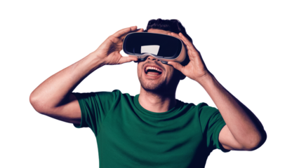 Happy man wearing virtual reality headset enjoying immersive experience vr on transparent background