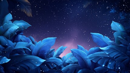 Enchanting nocturnal nature scene featuring vibrant blue foliage and a starlit sky