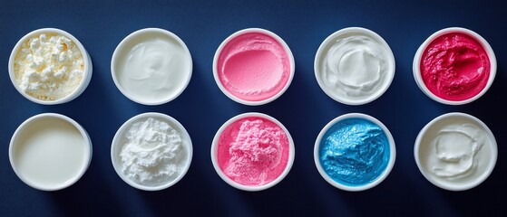 Variety of dairy products in small bowls.