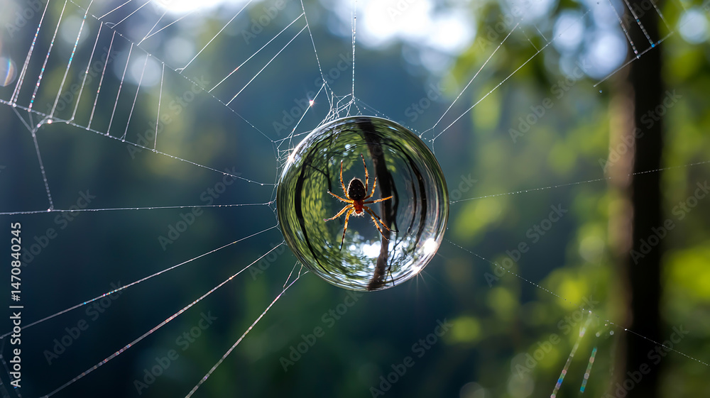 Poster close-up of a dew covered spider's web with a captivating bubble reflecting light