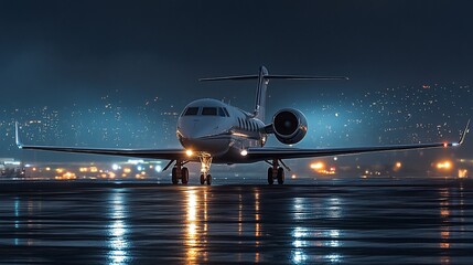 Fototapeta premium Private Jet Ready for Takeoff on a Wet Runway at Night with City Lights