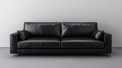 Contemporary black leather sofa against a neutral backdrop.
