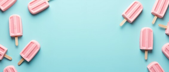 Pink ice cream popsicles on turquoise background with copy space. Summer treat for hot day. Flat lay dessert composition for social media, blog post, or greeting card