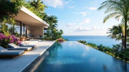 Fototapeta premium Luxurious infinity pool overlooking ocean with tropical plants