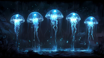 Fototapeta premium Five bioluminescent jellyfish float in a dark, underwater setting. they are illuminated from above by a soft, blue light. [Toxic Carnival] | Bio Parade Float | mutated shape. Illustration