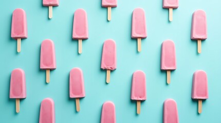 Pink popsicle pattern on turquoise background. Summer refreshment concept. Ice cream flat lay for social media, blog post, or greeting card. Copy space for text.