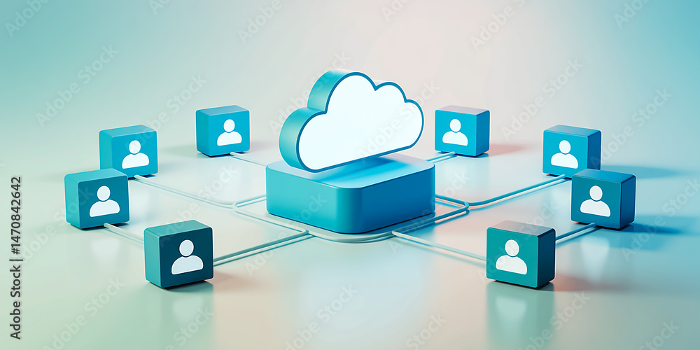 Poster cloud computing concept. cloud server and users. top view of many wood cubes with computer icons