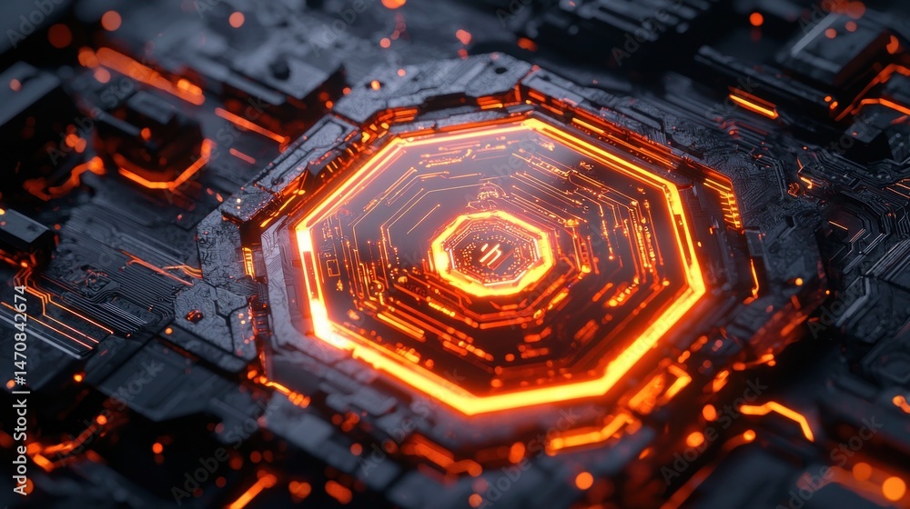 Aufkleber abstract hexagonal circuit design with glowing orange center