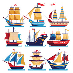 Nine classic ship  arranged on a white background.