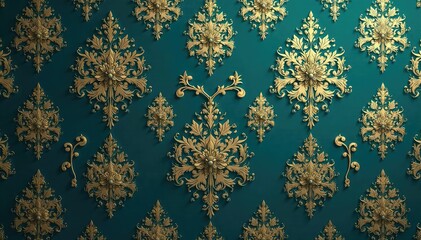 Intricate floral damask wallpaper, elegant gold on deep teal , background, wall covering, acanthus