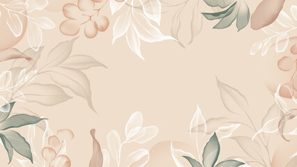 Floral abstract background, a soft, translucent leaves in shades of brown and white on a light brown background, creating a frame-like effect with a blank space in the center