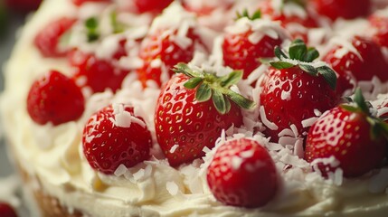 Close-up view of a delicious strawberry cake topped with whipped cream and shredded coconut.