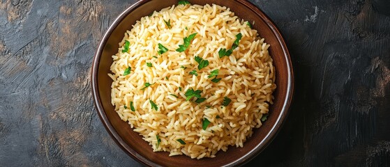 Aromatic rice dish served in a brown bowl.