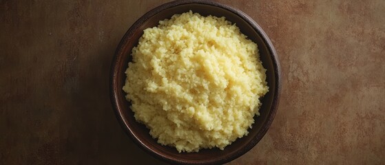 A bowl of cooked yellow food on a table.