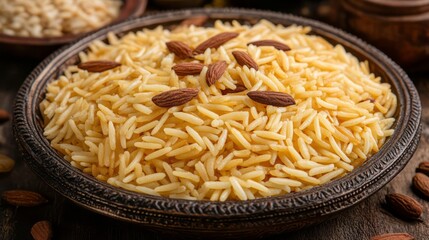 Aromatic, golden rice dish topped with almonds.