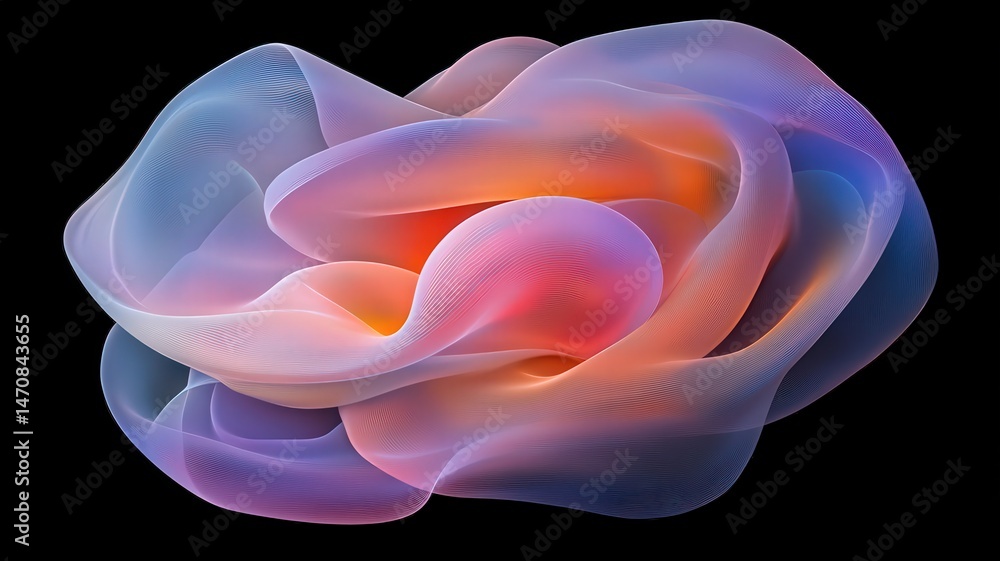 Poster iridescent abstract swirl with complex shapes in dynamic color transitions of blues purples oranges 