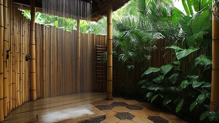 Serene outdoor shower surrounded by lush tropical greenery
