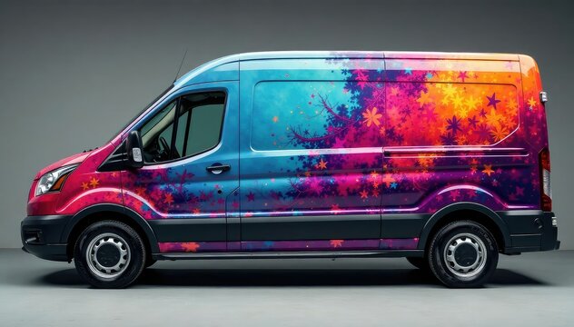 Sleek, modern van with eye-catching vinyl wrap showcasing vibrant design , partial wrap, car wrap