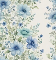 Fototapeta premium Subtle blue and green watercolor flowers on a creamy white background Delicate floral design , fabric, painted, design