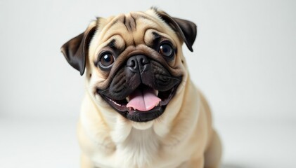Playful pug looking at camera, white backdrop, studio shot, eyes