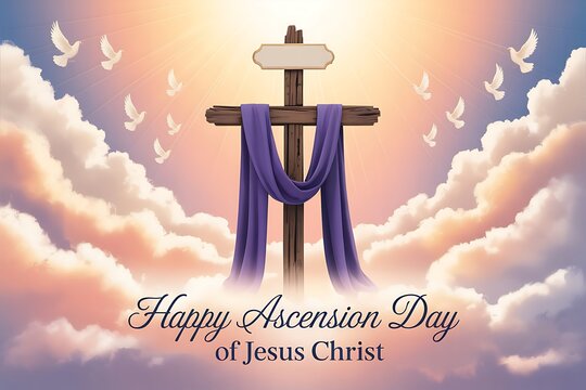 Celebrate Ascension Day: Jesus Christ s glorious ascension into Heaven depicted with a wooden cross purple cloth doves