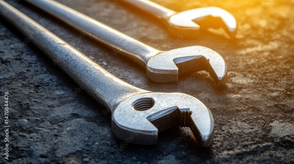 Aufkleber three metallic wrenches arranged and illuminated in a close up view