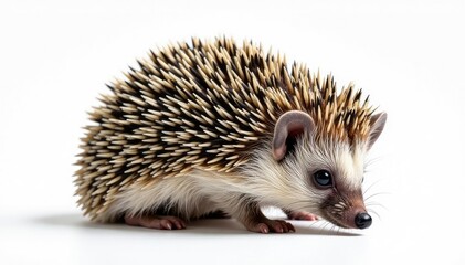 Obraz premium Small hedgehog, curled in defense, white background, hedgehog, night, cute