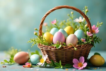 Colorful Easter eggs nestled in a spring basket overflowing with fresh flowers and greenery ,  bunny,  spring