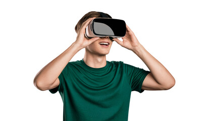 Young man using virtual reality headset modern technology experience vr 3d on transparent background