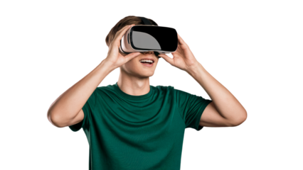 Young man using virtual reality headset modern technology experience vr 3d on transparent background