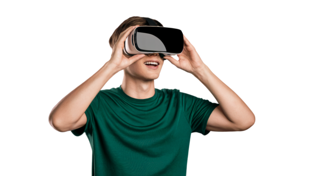 Young man using virtual reality headset modern technology experience vr 3d on transparent background - Powered by Adobe