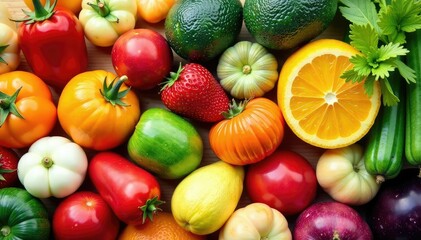 Variety of organic fruits and vegetables isolated, market, delicious