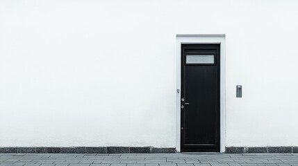 A minimalist architectural image featuring a dark door on a white wall