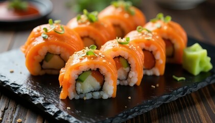 Variety of sushi rolls, ginger, wasabi, isolated , japanese, plate