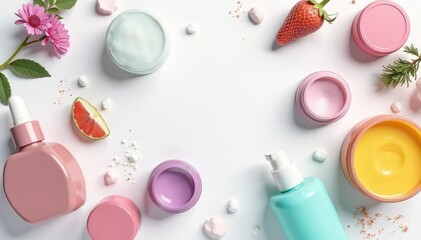 Various cosmetic containers on white backdrop , design, makeup, white