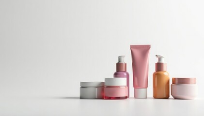 Various cosmetic containers against pure white backdrop, professional, collection, luxury