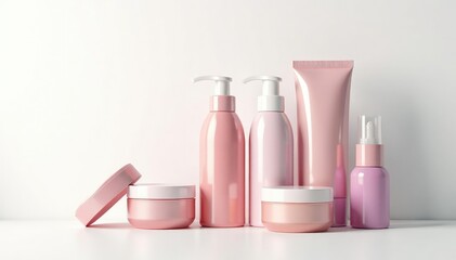 Various cosmetic containers on white backdrop, advertising, minimal, bottles