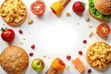 Various junk food items arranged aesthetically on white, obesity, food arrangement