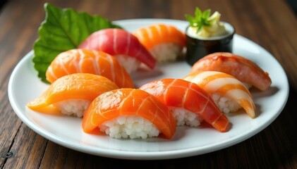 Various sushi pieces on a white plate, seaweed, rice, white, wasabi, lunch