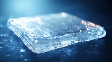 Large Square Ice Cube Close Up On Dark Surface With Blue Lighting