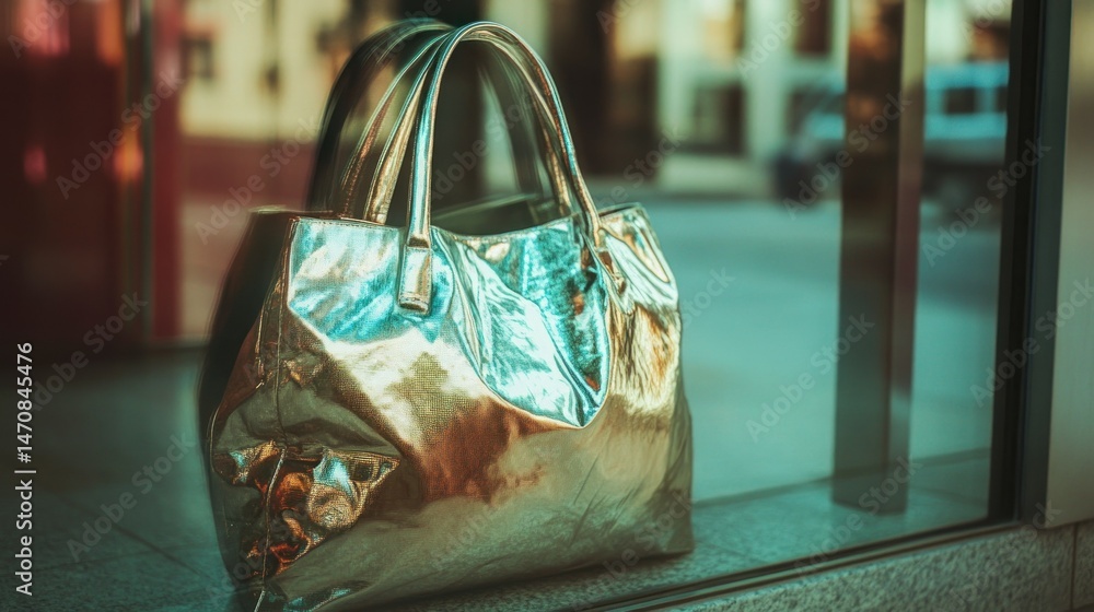 Poster a shiny metallic bag sits in front of a large reflective window