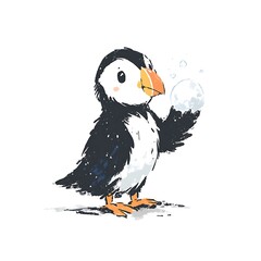 Obraz premium A whimsical illustration shows a charming puffin holding a luminous sphere, radiating joy and wonder.