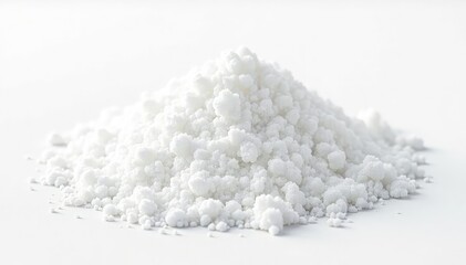 White sugar granules, close-up view against a stark white backdrop, granules, studio, simple