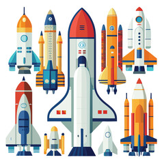 Fototapeta premium Nine classic Space Shuttle Vehicle arranged on a white background.
