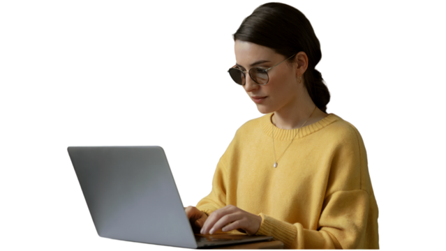 Young woman works on laptop wearing yellow sweater stylish glasses girl on transparent background