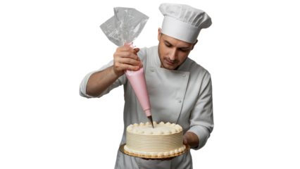 Professional baker decorating delicious creamy cake with pink icing art on transparent background