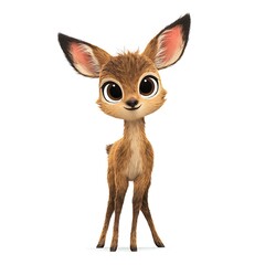 Obraz premium Cartoon fawn with big eyes and ears stands against a white background. Its fur is a light brown color.