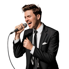 Naklejka premium Elegant singer in black suit performing on stage with microphone man show on transparent background
