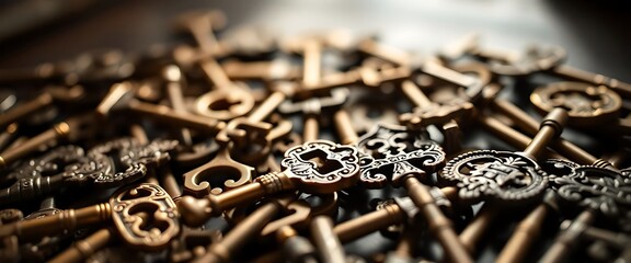 bunch of keys that are laying on a table